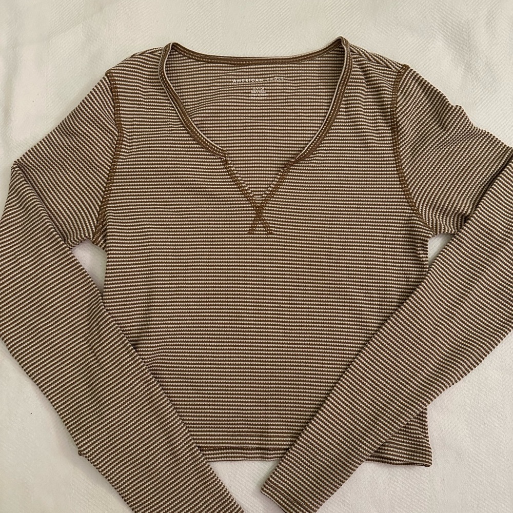 American Eagle Brown & White Stripe Long Sleeve Tee